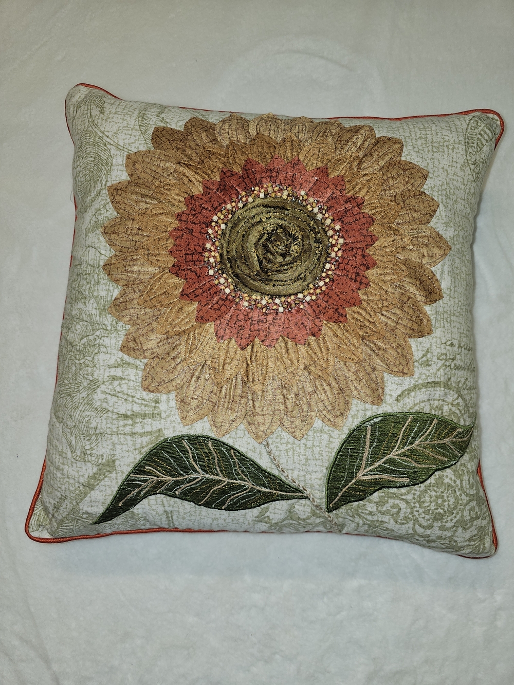 Sunflower Embroidered Beaded Decorative Pillow Made In India 100% Feather Filled